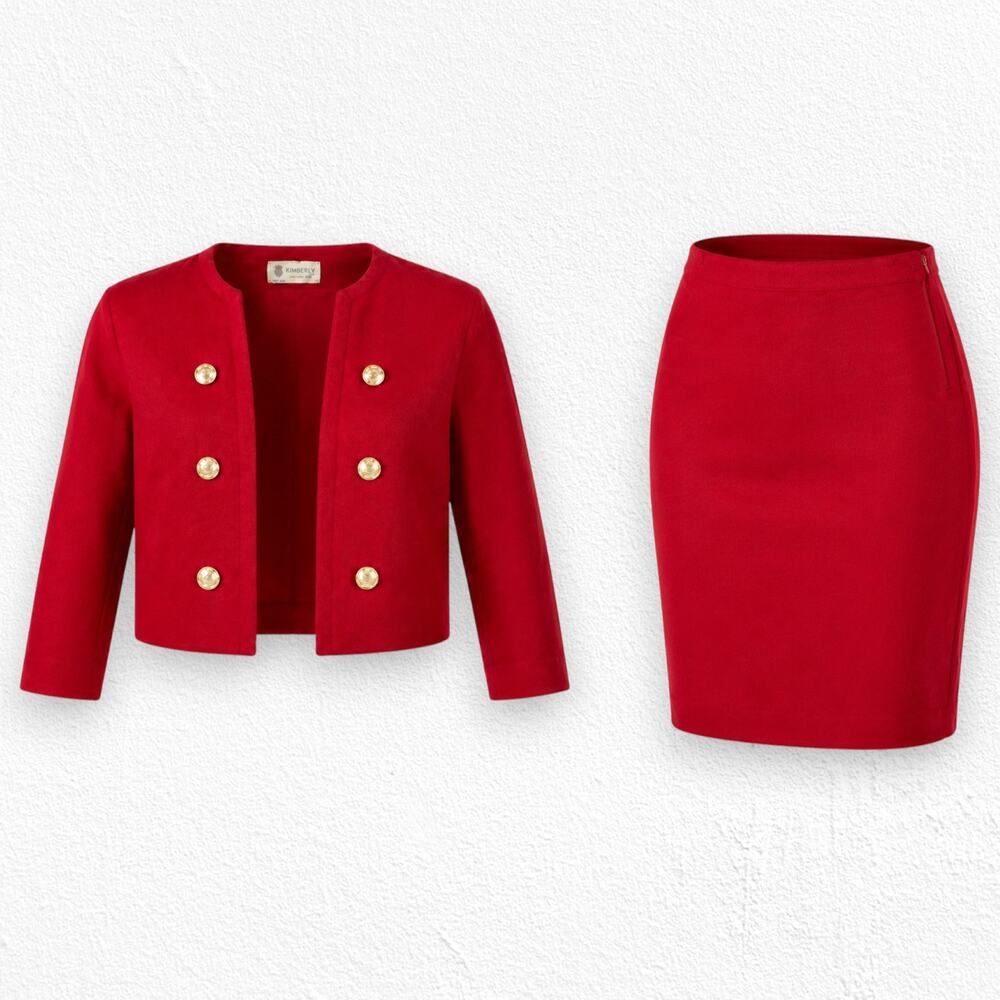 Vintage 1950s Red Wool Gold Button Cropped Jacket Pencil Skirt Suit Size 2 USA